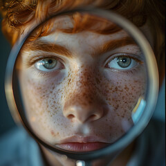 Close-up of a young red-haired man with a magnifying glass with big eyes. Concept: fun, research
