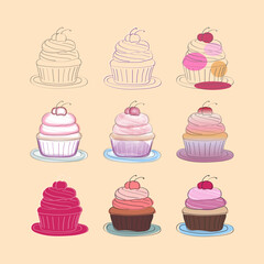 A digital illustration featuring nine cupcakes with cherries on top. Each cupcake is in a different stage of completion, from a simple outline to fully colored