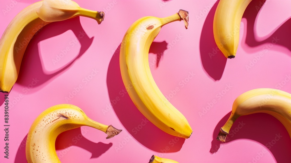 Poster a vibrant image featuring yellow bananas against a bright pink backdrop. the bananas cast long shado