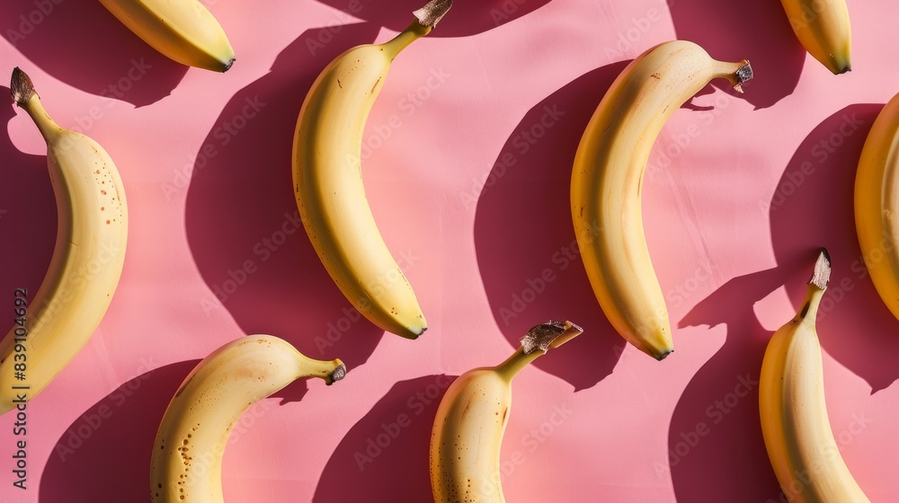 Poster a vibrant pink surface is covered in ripe yellow bananas. sunlight casts shadows from the bananas, c