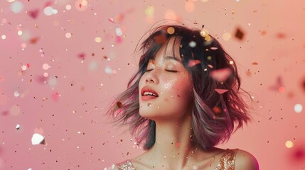 A young woman with pastel pink and purple hair smiles as golden confetti falls around her in front of a pastel pink backdrop. She is wearing a sparkly dress and looks joyful