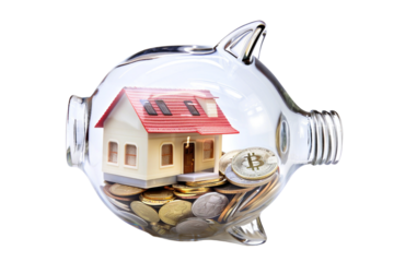 House and coins inside transparent piggy bank on transparent background