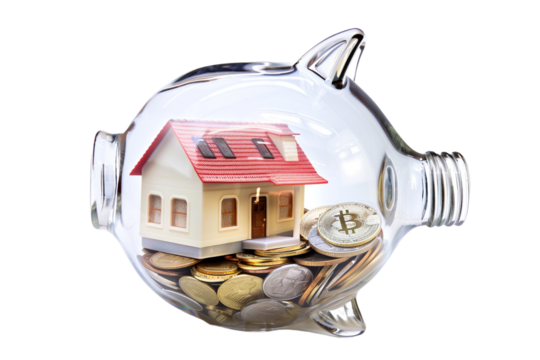 House and coins inside transparent piggy bank on transparent background