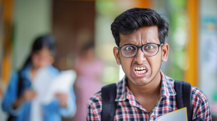 A young man with glasses and a red and white plaid shirt is holding a book and looking angry. frustated indian student angry after giving exam face expression