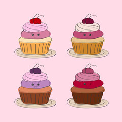 This digital illustration features four adorable cupcakes, each with a cherry on top and a happy face. They are presented on individual plates, set against a soft pink background