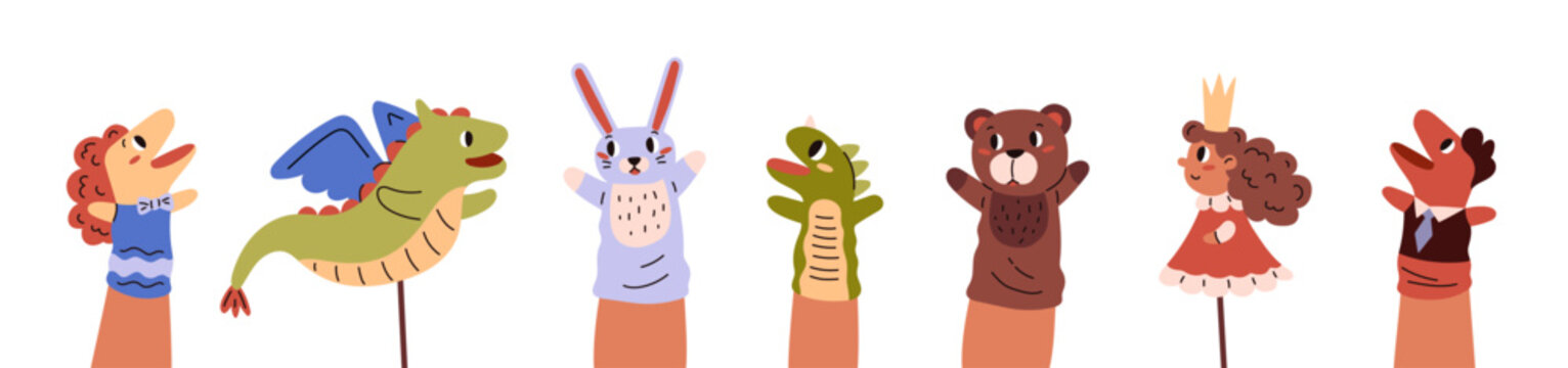 Handle or fingers puppets vector cartoon set, fairy tale toys princess dragon and animals, kids theater dolls collection