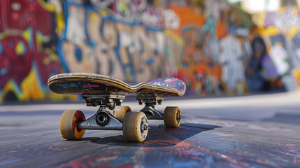 Closeup of skateboard in skatepark and graffiti in background