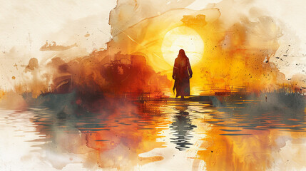 Fototapeta premium Digital watercolor painting of An ethereal depiction of Jesus walking on water at dawn, gentle ripples reflecting the golden hues of sunrise, a serene expression on his face, radiating divine peace