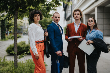 Group of four business professionals discussing a project outdoors in an urban setting, showcasing teamwork and corporate fashion.