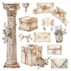 Watercolor collection clipart wedding items elements neutral colors