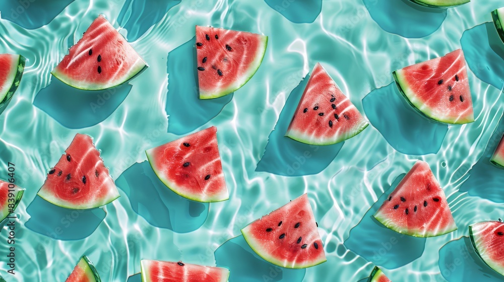 Poster a pattern of juicy watermelon slices floating on a turquoise water surface. the image features copy 