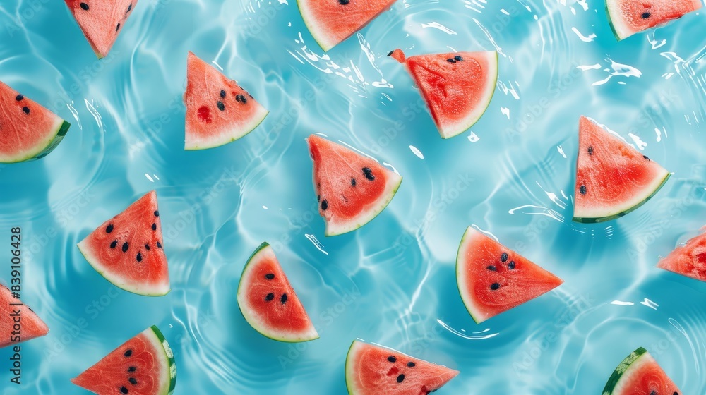 Poster a vibrant photo showcasing multiple watermelon slices floating in a shallow turquoise pool of water.