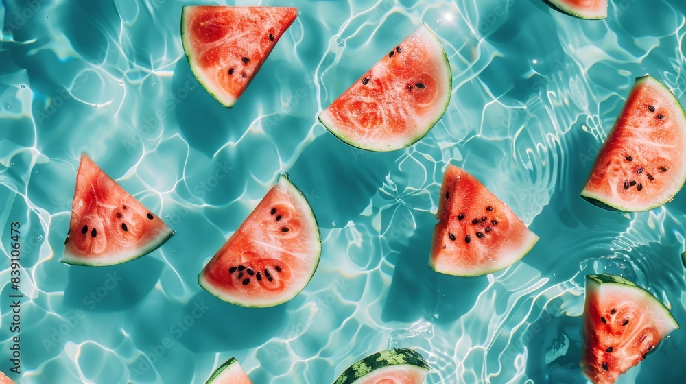 Poster a vibrant photo featuring juicy watermelon slices floating on the surface of a turquoise pool. the i