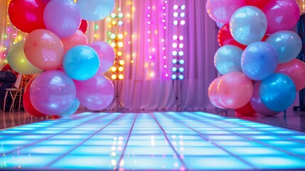 A vibrant dance floor illuminated with colorful lights at a childs birthday party. The dance floor is surrounded by clusters of colorful balloons