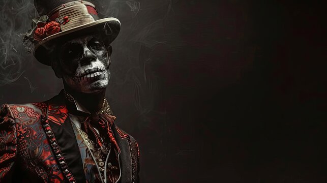 Tilted angle view of Baron Samedi, Haitian voodoo loa, standing in shadowy darkness, intricate detail on Victorian attire, dark background, eerie and mystical aura