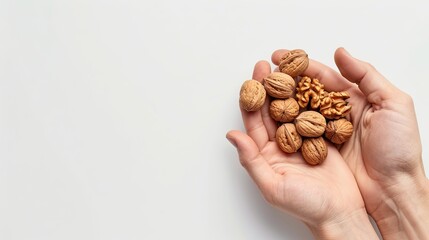 A woman's hand cupping a handful of walnuts against a white background.