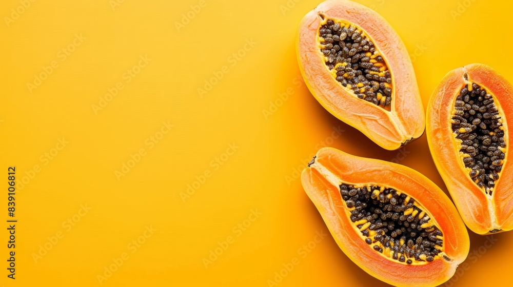 Poster a close-up image of three halved papaya fruits on a bright orange background. the papaya halves are 