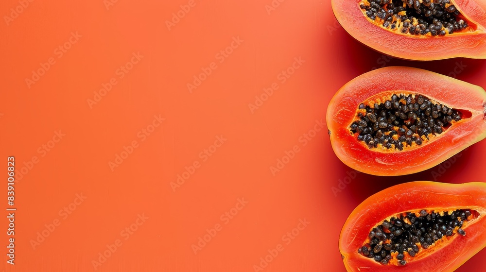 Poster three papaya halves are arranged vertically on a bright orange background with copyspace on the left