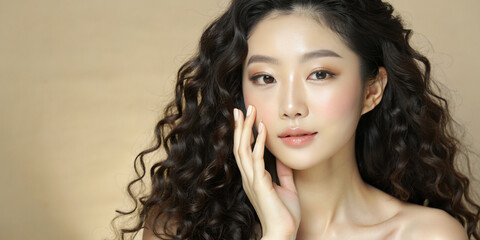 Fototapeta premium A young woman with long, curly hair and delicate features poses with her hands gently framing her face. Her makeup is subtle and fresh, with a soft, natural look. The background is a light
