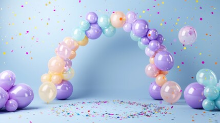 A pastel balloon arch with confetti on a light blue backdrop provides a festive and modern background for a birthday celebration