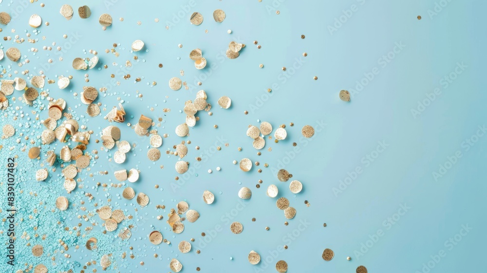 Poster a flat lay image of golden confetti scattered on a pastel blue background. the confetti is arranged 