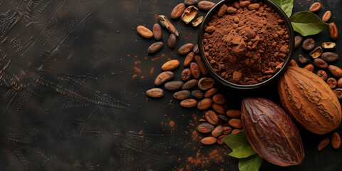 Banner cocoa beans, powder on black background with copy space