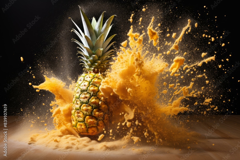 Poster dynamic image of a pineapple with a vibrant juice splash against a dark backdrop