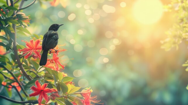 A black koel bird perched on a branch with Erythrina Fusca flowers, bathed in the warm glow of the morning sun during a Sinhala New Year celebration