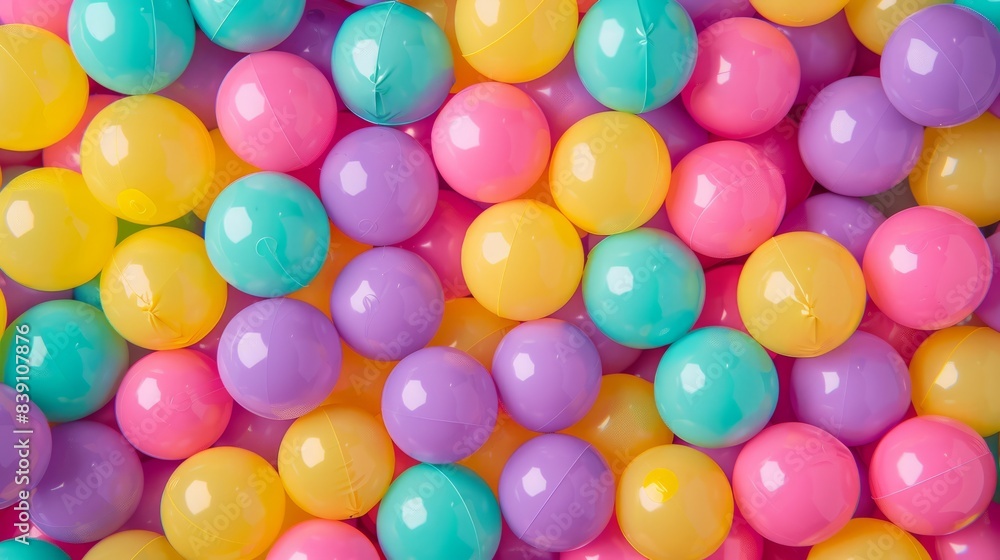 Poster a close-up view of a vibrant ball pit filled with colorful plastic balls, perfect for a kids party b