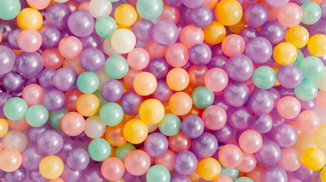 A close-up image of a vibrant ball pit filled with plastic balls in purple, pink, yellow, and mint green. There is copyspace on the right side of the image