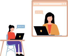 The girls are having meeting on laptop online.