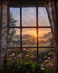 A Window View of a Rural Sunrise With Flowers