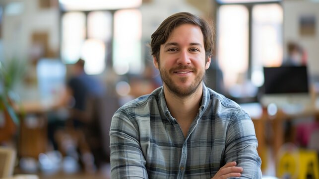 AI generated illustration of a portrait of a smiling man in a checkered shirt looking at the camera