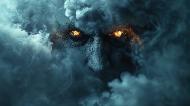 A mysterious djinn grim reaper emerging from smoke glowing eyes piercing through the darkness 