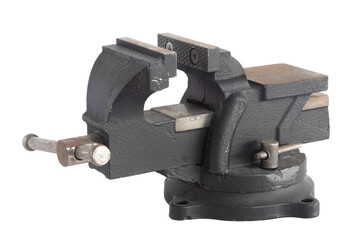 Obraz premium Old black vise on white background. Working tool. Metal vise with rust.