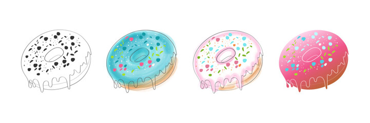 A set of four illustrations of glazed doughnuts with sprinkles, including a black and white outline.