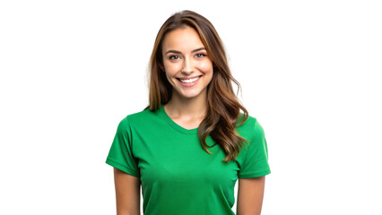 A close-up portrait of a smiling brunette woman รื green t shirt with her hair flowing down