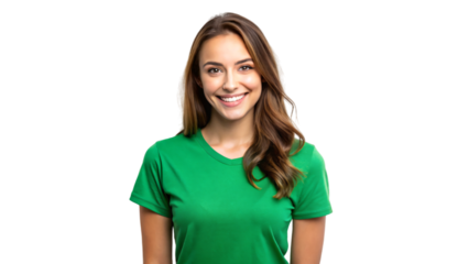 A close-up portrait of a smiling brunette woman รื green t shirt with her hair flowing down