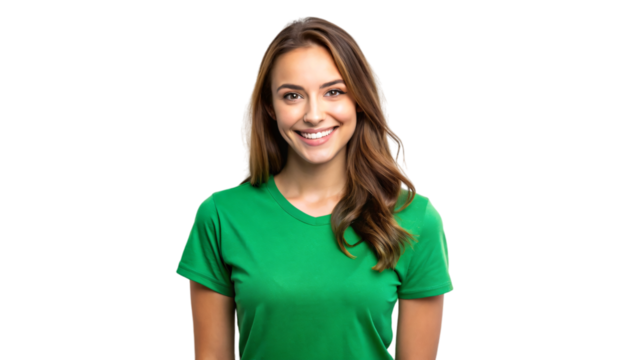 A close-up portrait of a smiling brunette woman รื green t shirt with her hair flowing down