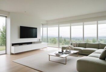 Fototapeta premium White sofa and a tv unit in a spacious room. Luxury home interior design of modern living room