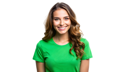 A close-up portrait of a smiling brunette woman รื green t shirt with her hair flowing down