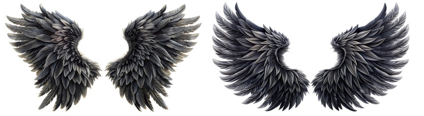 Fototapeta premium two sets of wings with black and gray feathers. The set of wings on the left appears more closed or in a resting position, while the set of wings on the right is slightly more open as if in a pre-flig