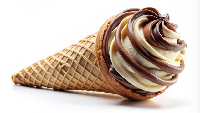 Delightful vanilla and chocolate cone ice cream, with elegant swirls and rich flavors, showcased against a pristine white background, beckoning indulgence.