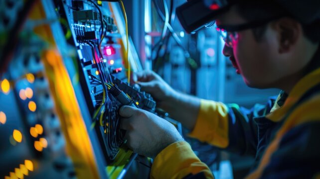 a technician using a handheld optical time-domain reflectometer (OTDR) to test the integrity of an optical fiber