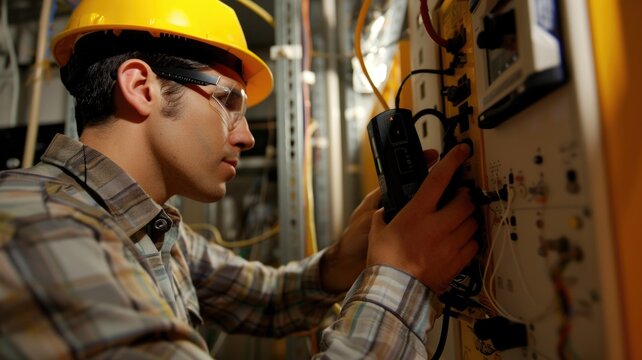 a technician using a handheld optical time-domain reflectometer (OTDR) to test the integrity of an optical fiber