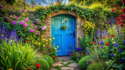 Fototapeta premium Vibrant blue door stands ajar in a lush green field, surrounded by whimsically arranged flowers and lush foliage, evoking a sense of magic and wonder.