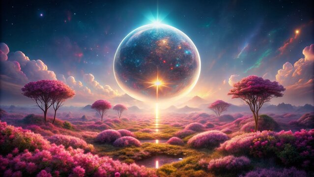 A majestic, glowing orb suspended above an extraterrestrial landscape blanketed with radiant pink flora, bathed in an ethereal, otherworldly luminescence.
