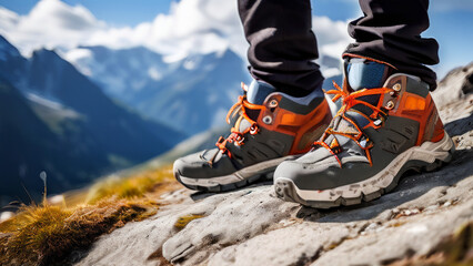 a pair of trekking boots on rocky terrain with a mountainous landscape in the background. - Powered by Adobe