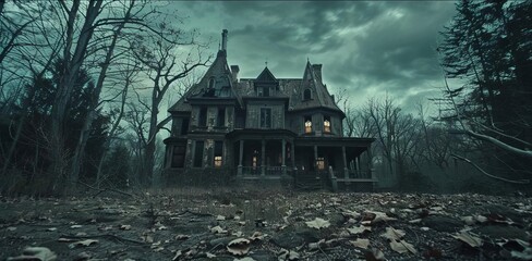 Obraz premium Wide-angle shot of a creepy, dilapidated mansion, spectral lights in windows, foreboding sky, Halloween and Day of the Dead motifs, horror theme