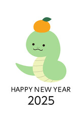 2025年巳年の年賀状テンプレート　蛇年　みかん　かわいい　ベクター	